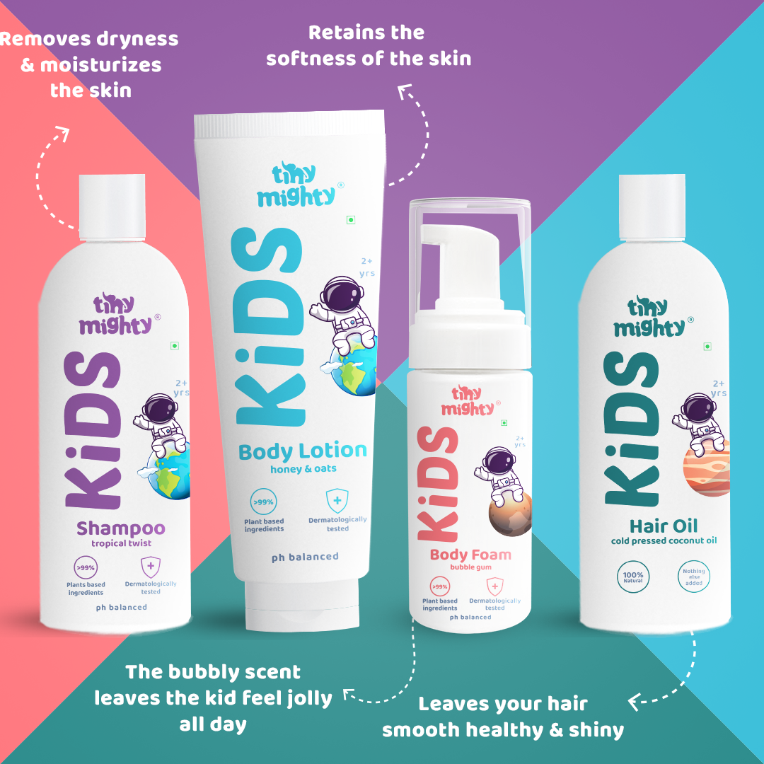 Buy Hair Shampoo,Body Lotion, Body Foam and Oil for Kids Online Kids Complete Pack - Tiny Mighty