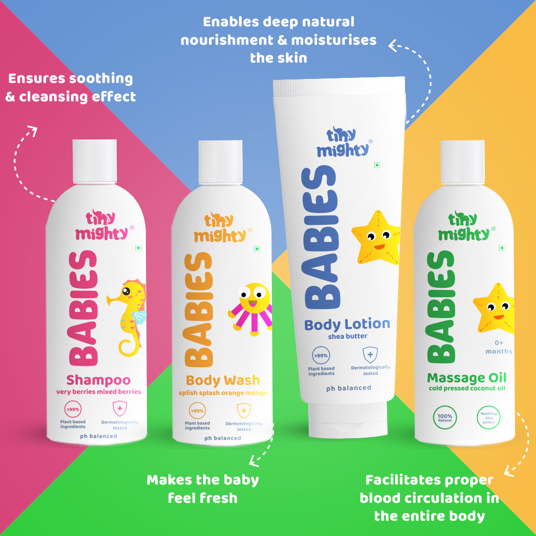 
                  
                    Babies essential personal care pack (Body Wash + Body Lotion + Hair Shampoo + Massage Oil, 200ml each)
                  
                